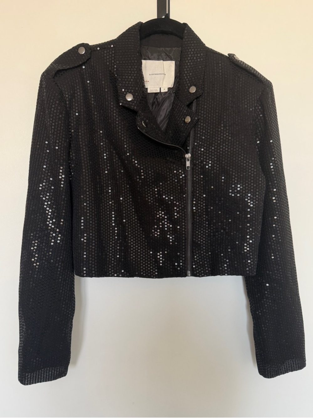 Anthropologie Black Sequin Cropped Moto Jacket